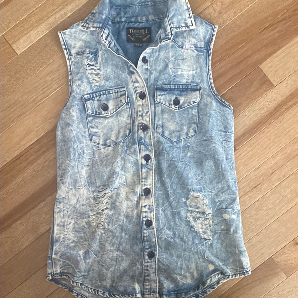 Thrill Blue Button Down Shirt Distressed Denim - image 1